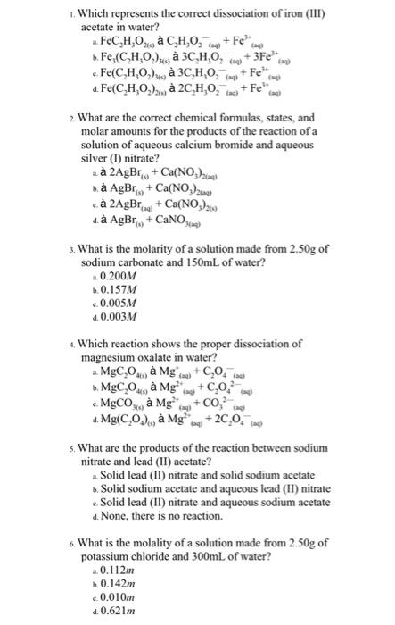 Solved 1. Which represents the correct dissociation of iron | Chegg.com
