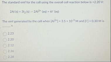 Solved The standard emf for the cell using the overall cell | Chegg.com