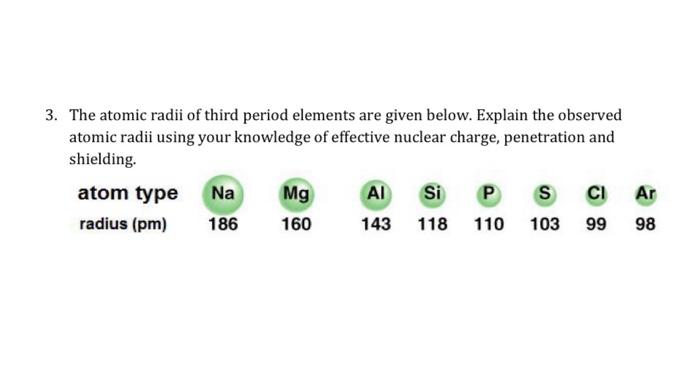 Solved 3. The atomic radii of third period elements are | Chegg.com