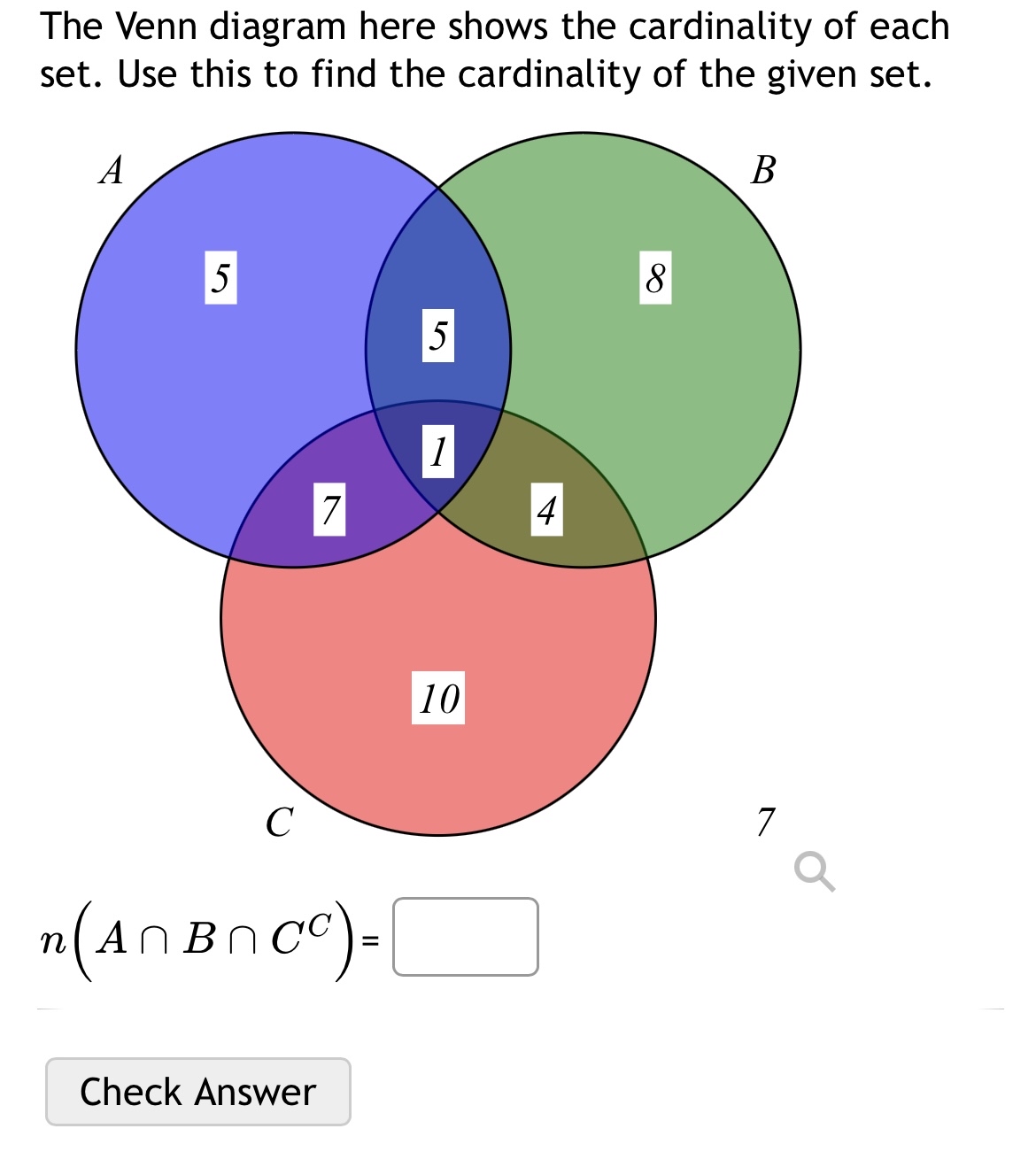 Solved The Venn diagram here shows the cardinality of each | Chegg.com