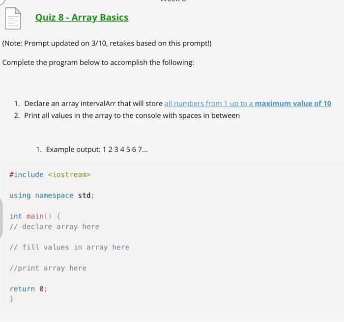 Solved Quiz 8 - Array Basics (Note: Prompt updated on 3/10, | Chegg.com