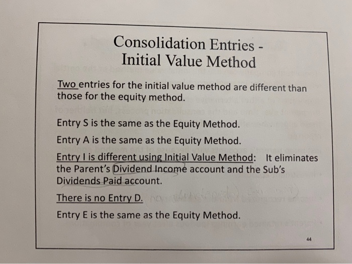 Consolidation entries - initial value method two entries for the initial value method are different than those for the equity