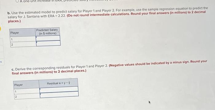 b. Use the estimated model to predict salary for Player 1 and Player 2. For example, use the sample regression equation to pr