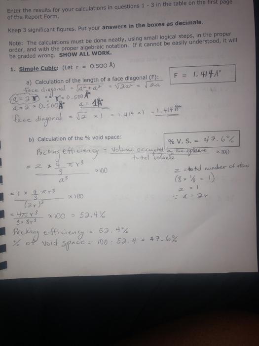 Solved Enter The Results For Your Calculations In Questio Chegg Com