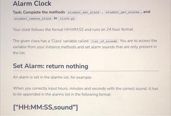 Solved Alarm Clock Task: Complete the methods | Chegg.com