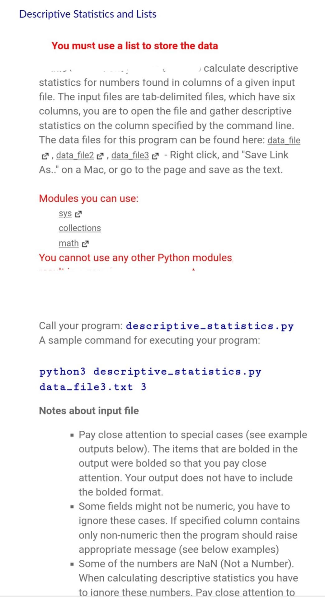 Solved Descriptive Statistics and Lists You must use a list | Chegg.com