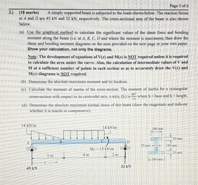 Solved Page 5 of 6 3.) (18 marks) A simply supported beam is | Chegg.com