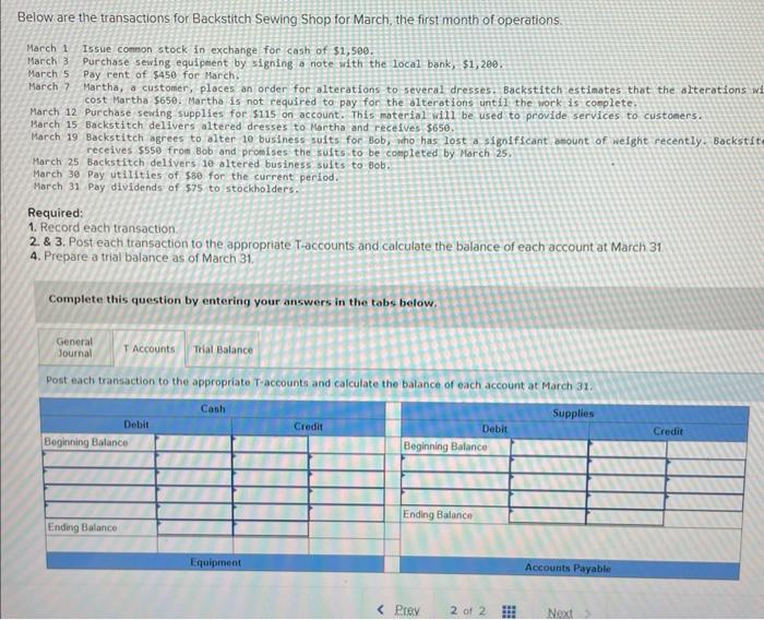 Solved Below Are The Transactions For Backstitch Sewing Shop Chegg