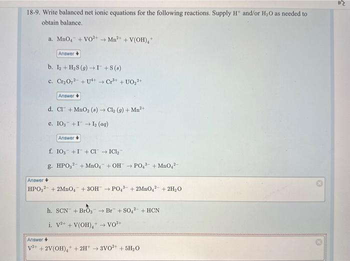 Solved 18 9 Write Balanced Net Ionic Equations For The