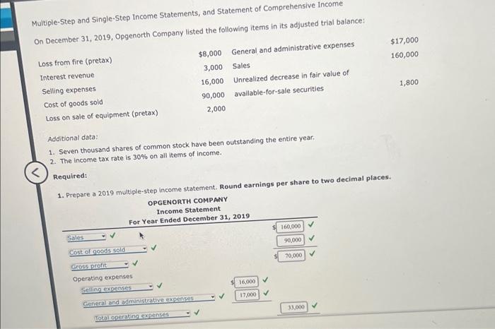 Solved Multiple Step And Single Step Income Statements And 4314