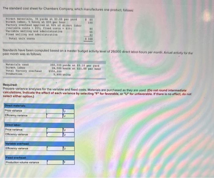 Solved The standard cost sheet for Chambers Company, which | Chegg.com
