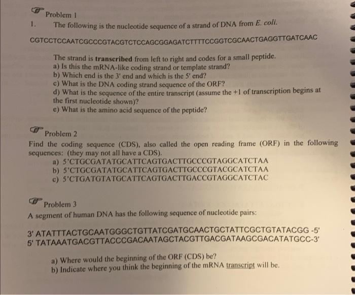 Solved Problem 1 1. The following is the nucleotide sequence | Chegg.com