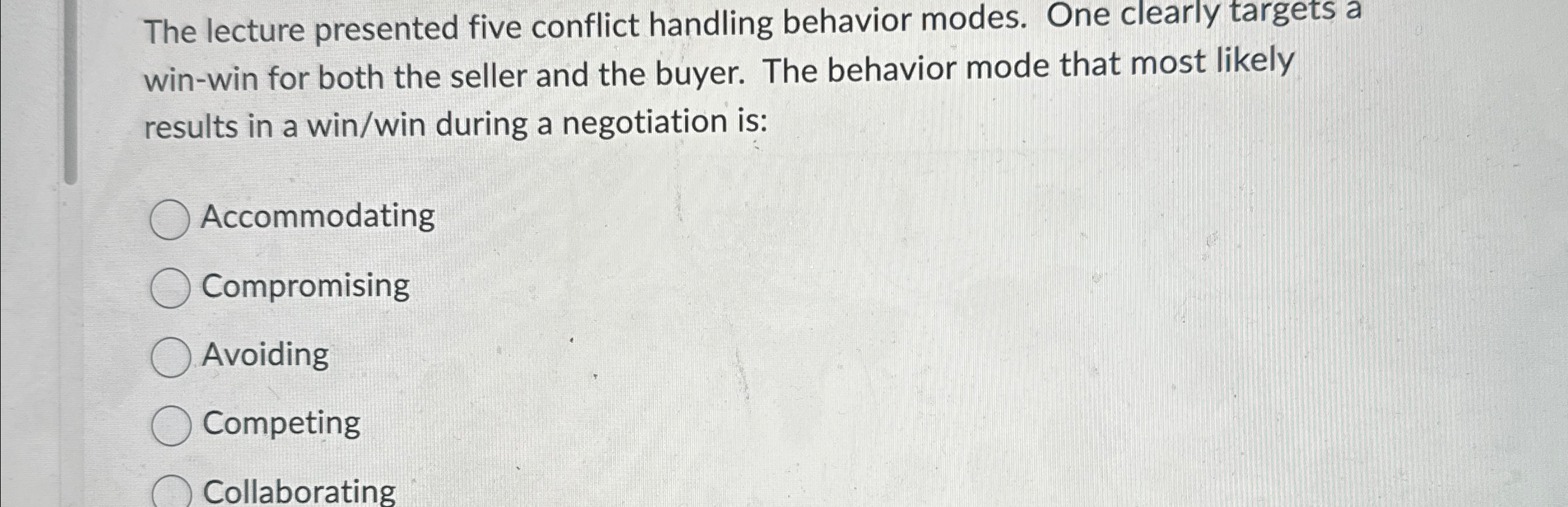 Solved The lecture presented five conflict handling behavior | Chegg.com