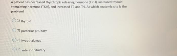 A patient has decreased thyrotropic releasing hormone (TRH), increased thyroid stimulating hormone (TSH), and increased T3 an