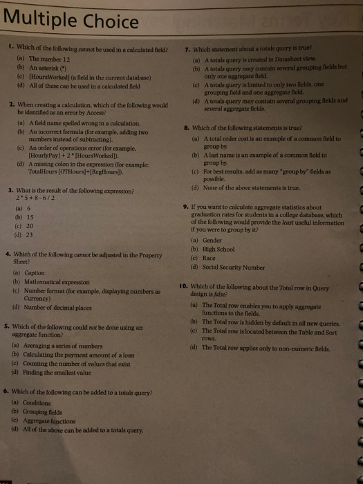 Solved Multiple Choice . Which of the following cannot be | Chegg.com