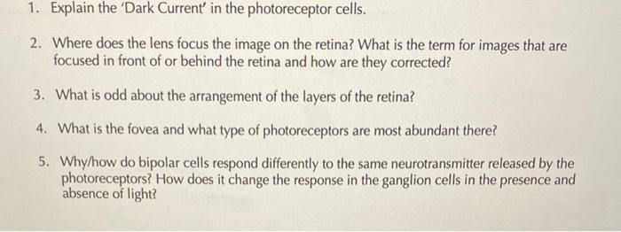 Solved 1. Explain the 'Dark Current' in the photoreceptor | Chegg.com