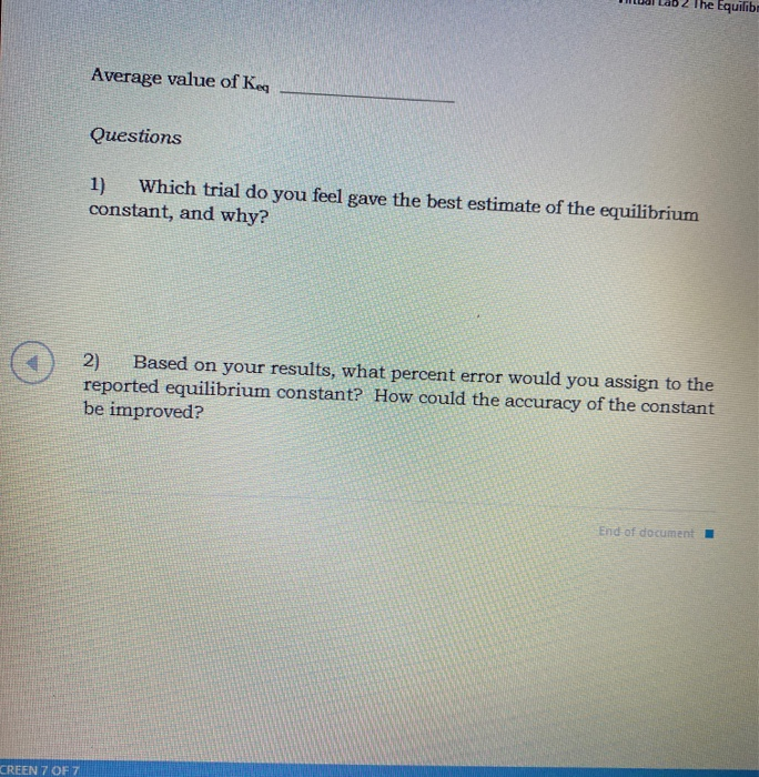 Virtual Lab 2 The Equilibrium Constant Of FeSCN- Word | Chegg.com