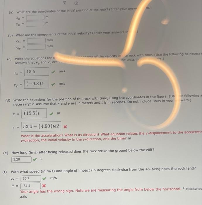 (d) Write the equations for the position of the rock with time, using the coordinates in the figure. (Us e following necessar