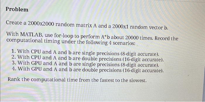 Solved Problem Create a 2000×2000 random matrix A and a | Chegg.com image.