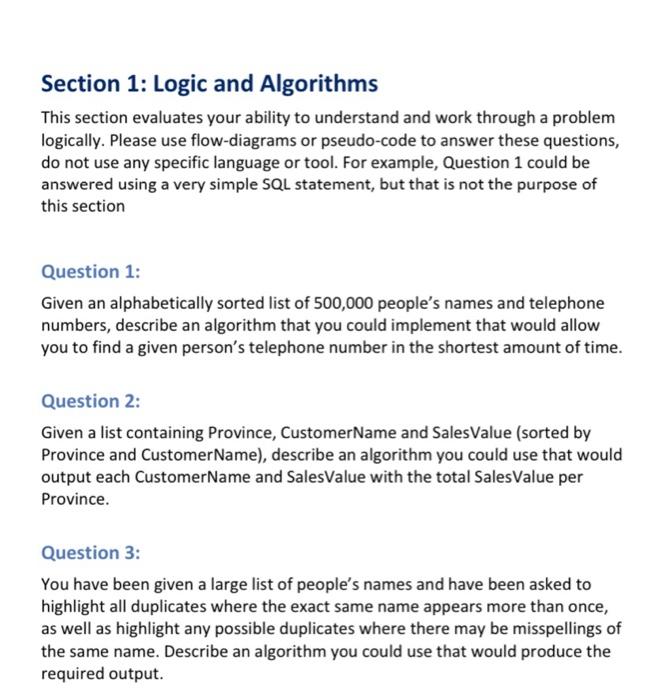 Solved Section 1: Logic and Algorithms This section | Chegg.com
