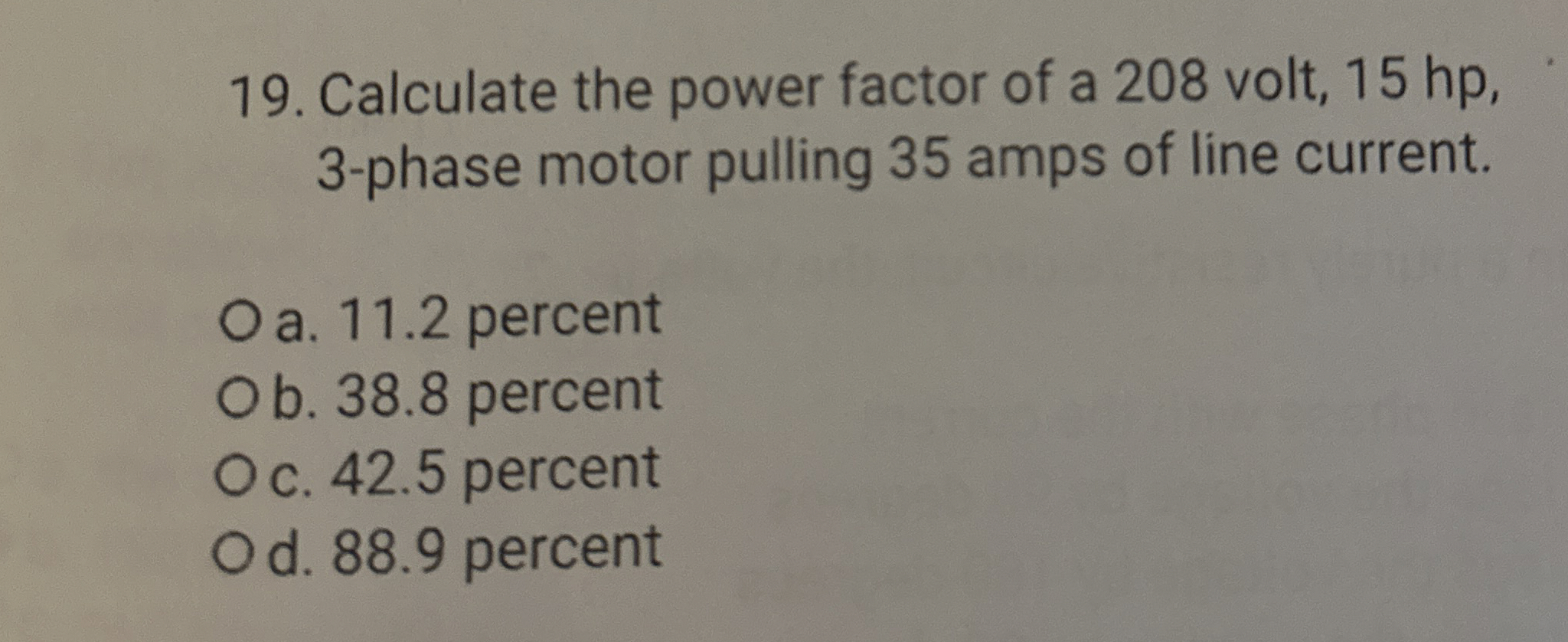 Calculate the power factor of a 208 ﻿volt, 15 ﻿hp