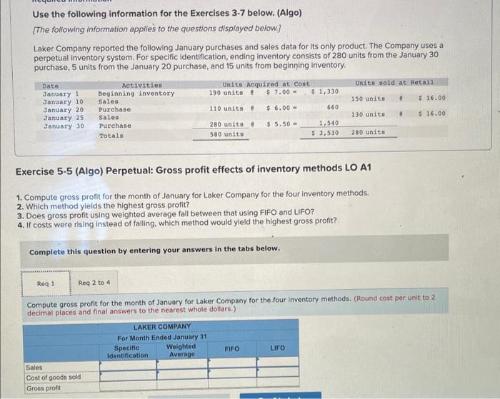 Solved Use the following information for the Exercises 3-7 | Chegg.com