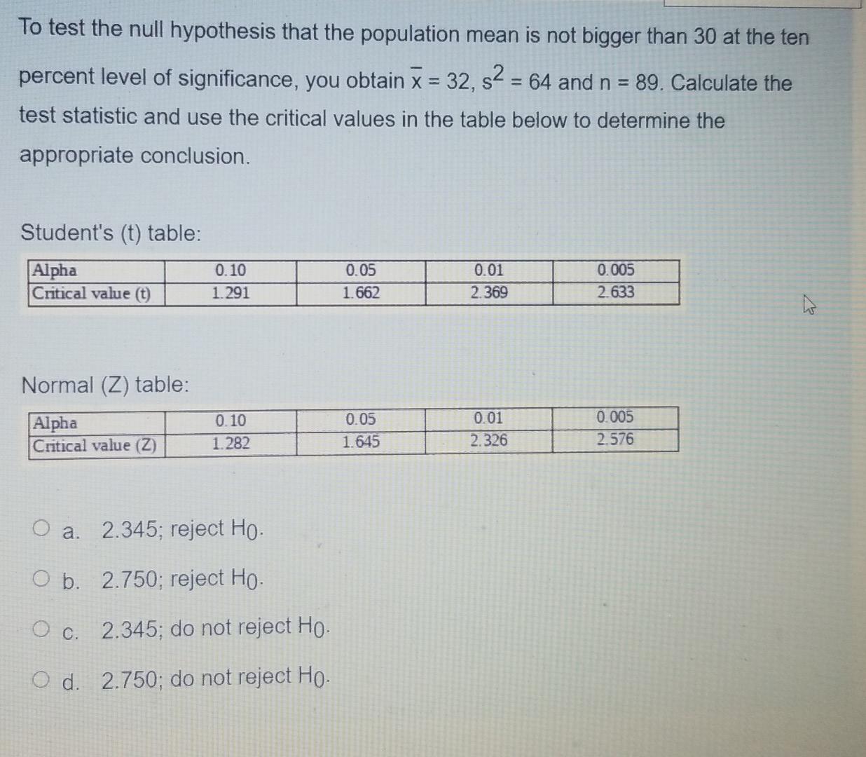 null hypothesis population mean