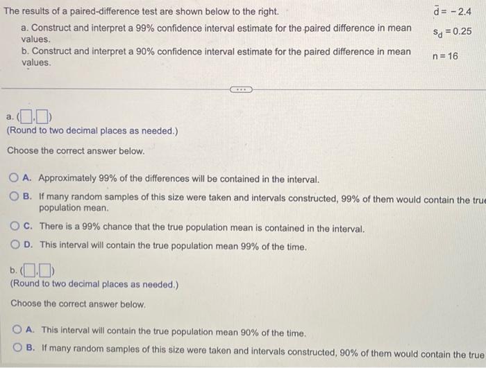 Solved The results of a paired-difference test are shown | Chegg.com