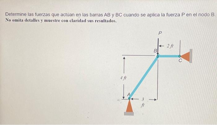 Determine las fuerzas que actuan en las barras \( \mathrm{AB} \) y \( \mathrm{BC} \) cuando se aplica la fuerza \( \mathrm{P}