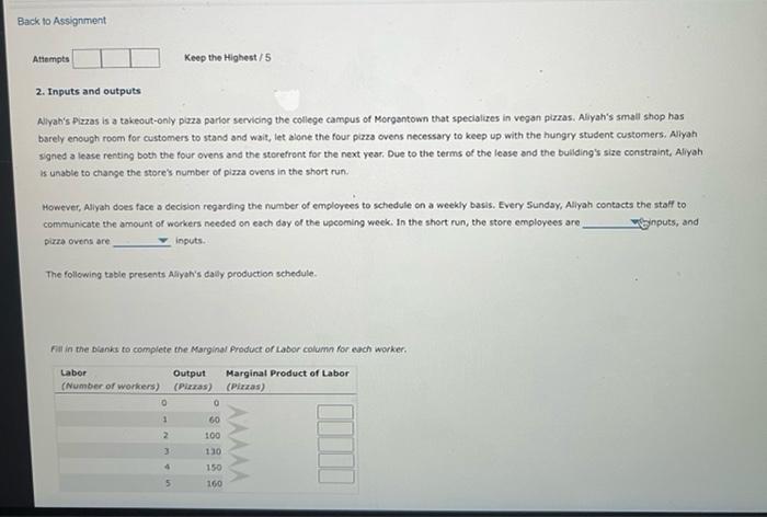 2. Inputs and outputs
Alyahs Pizzas is a takeout-only paza parfor servioing the college campus of Morgantown that specialize