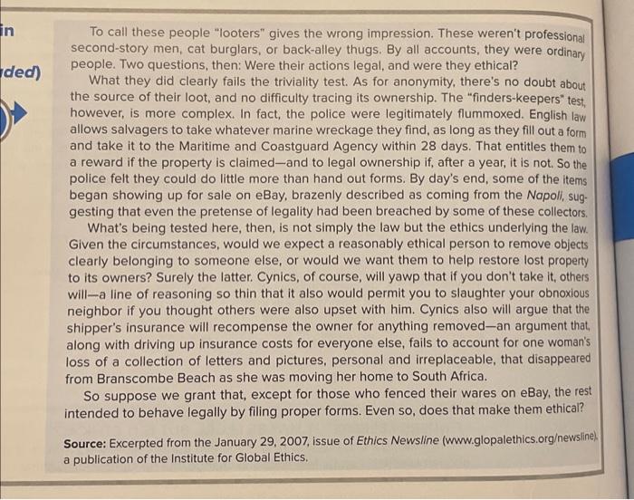 Solved Ethics in Action "FINDERS-KEEPERS": IT MAY BE LEGAL, | Chegg.com