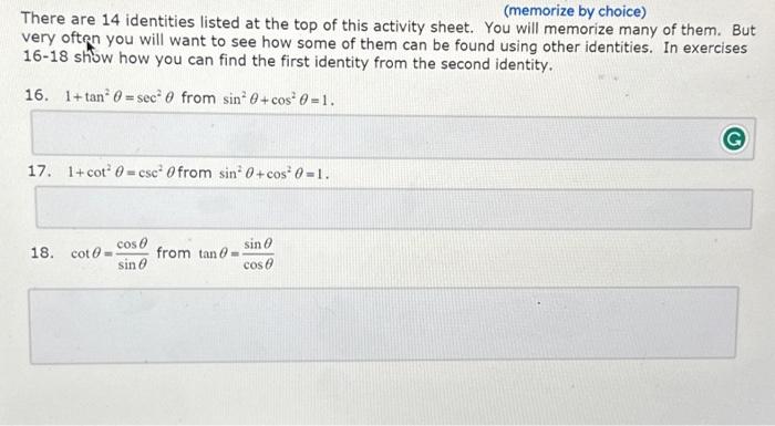Solved (memorize by choice) There are 14 identities listed | Chegg.com