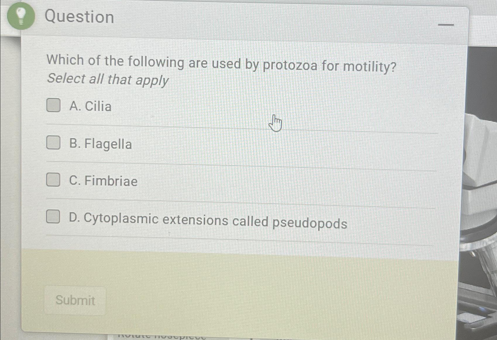 Solved QuestionWhich of the following are used by protozoa | Chegg.com