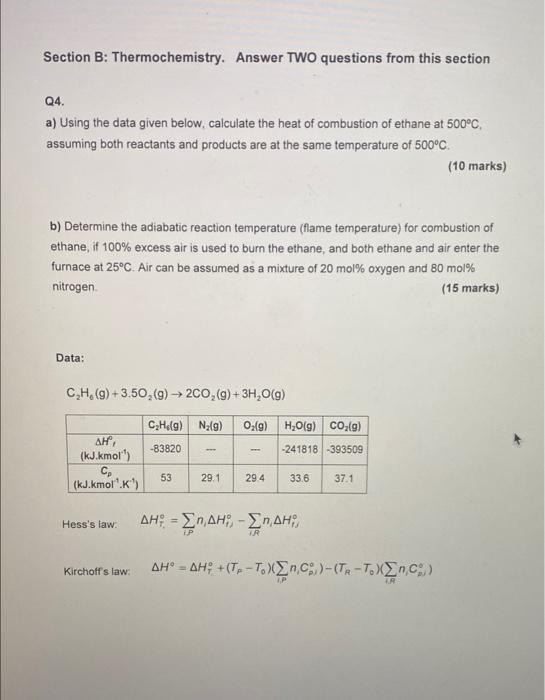 Solved Section B: Thermochemistry. Answer TWO Questions From | Chegg.com