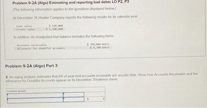 Solved Problem 9-2A (Algo) Estimating and reporting bad | Chegg.com