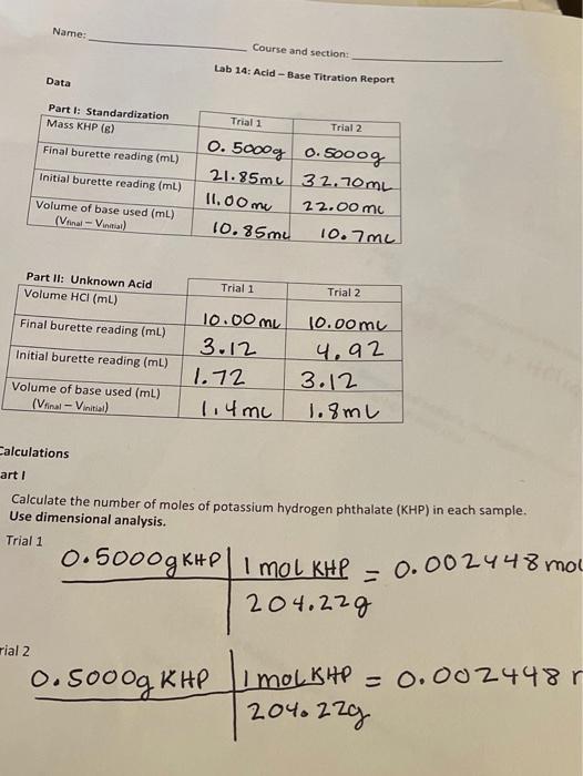 Solved 4 7. Using dimensional analysis, the molarity of your | Chegg.com