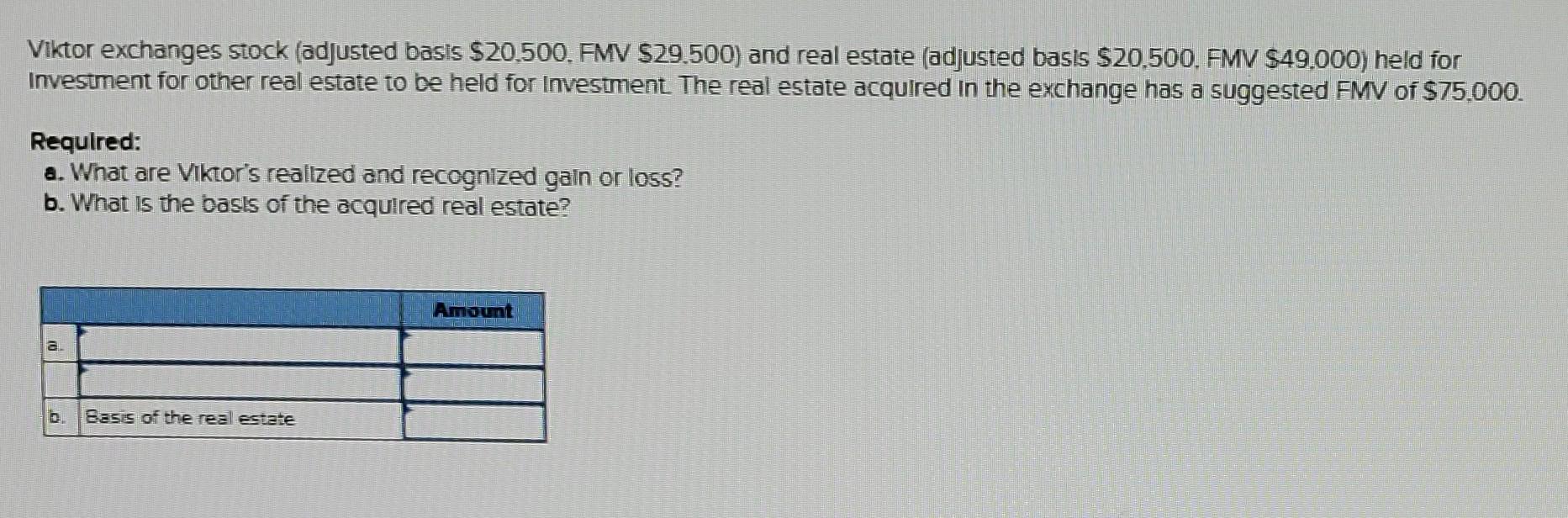 Solved Viktor exchanges stock (adjusted basis 20.500. FMV