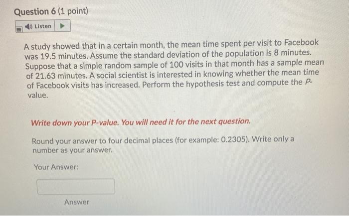 Solved Question 6 (1 point) Listen A study showed that in a | Chegg.com