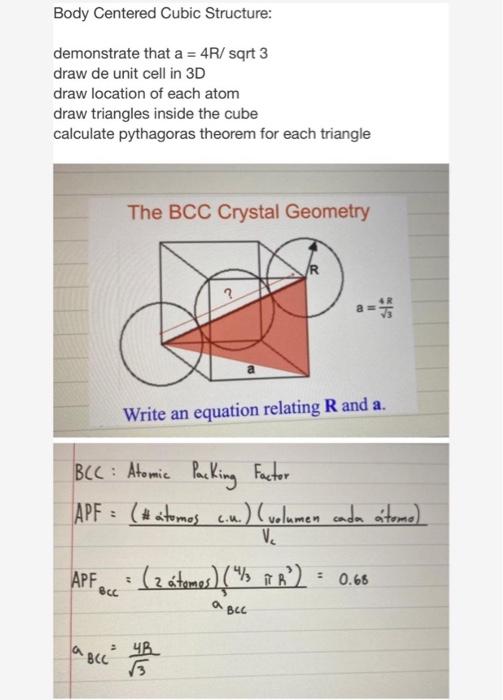 Solved Body Centered Cubic Structure: demonstrate that a = | Chegg.com