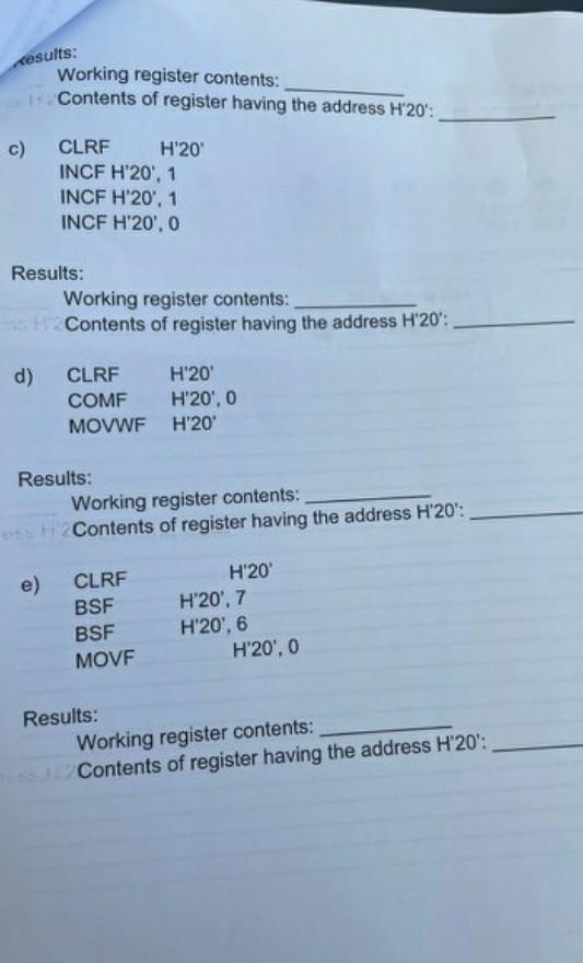 cesults Working register contents Contents of