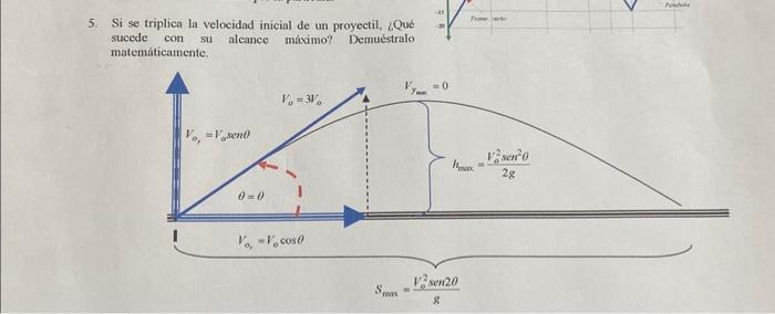 5. Si se triplica la velocidad inicial de un proyectil, ¿Que sucede con su alcance máximo? Demuéstralo matemáticamente.