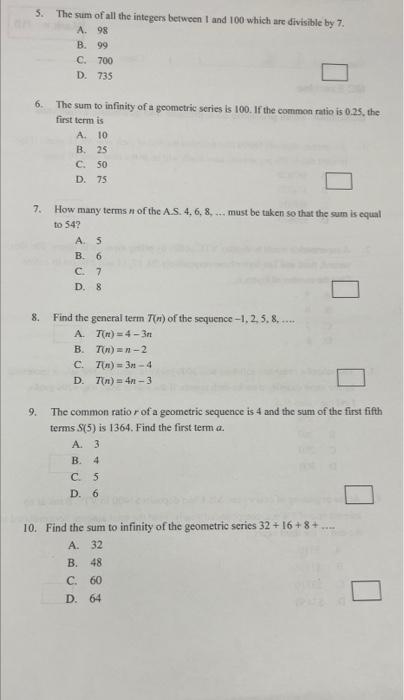 Solved 5. The sum of all the integers between 1 and 100 | Chegg.com