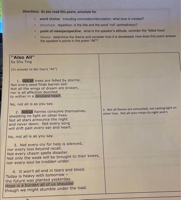 Directions: As you read this poem, annotate for - | Chegg.com