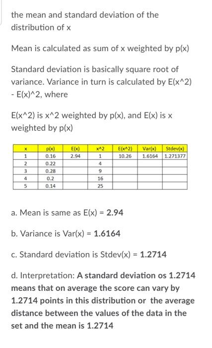 Solved the mean and standard deviation of the distribution | Chegg.com