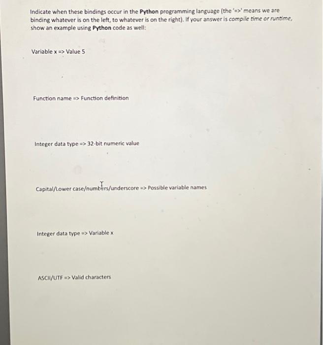 Solved Indicate when these bindings occurs in the C | Chegg.com