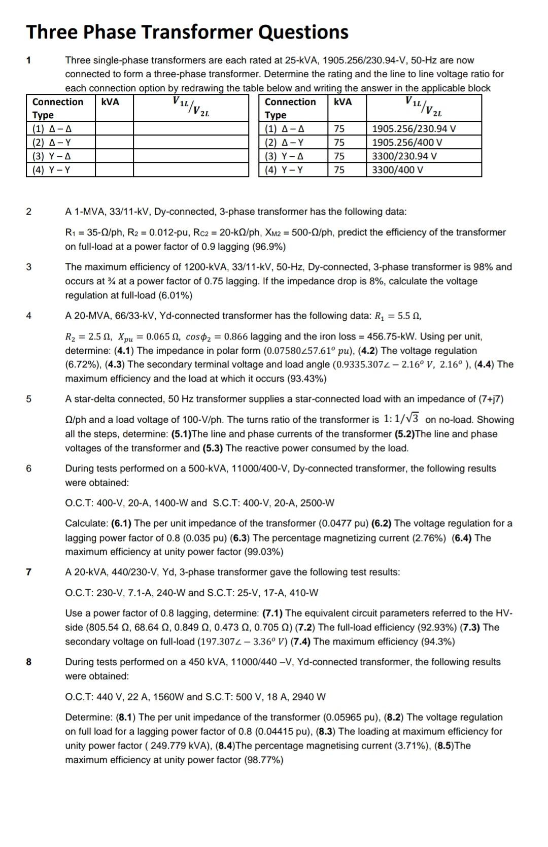 Solved Three Phase Transformer Questions 1 Three