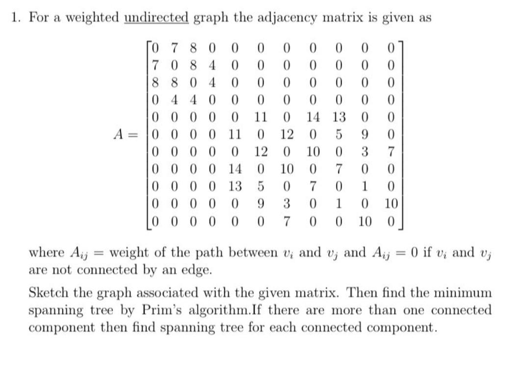 Solved 1. For a weighted undirected graph the adjacency | Chegg.com
