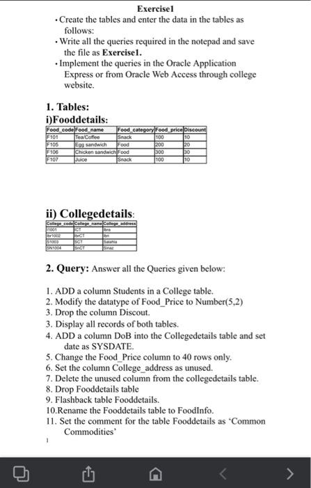 Solved Exercisel Create the tables and enter the data in the | Chegg.com