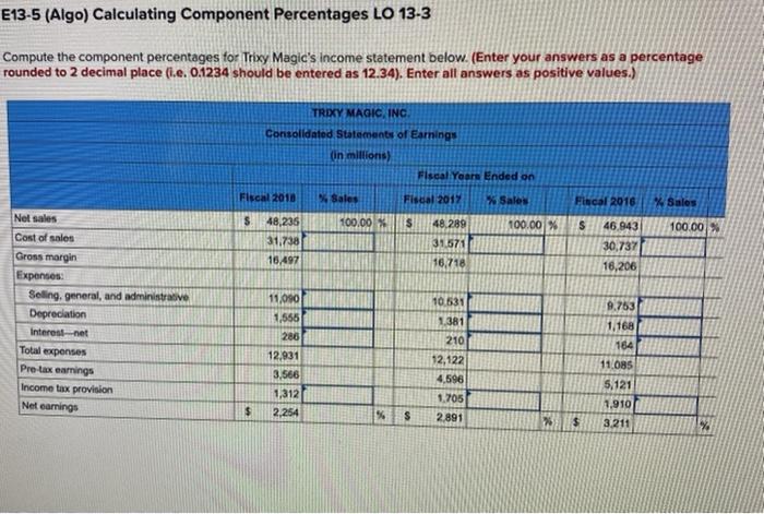 Solved E13-5 (Algo) Calculating Component Percentages LO | Chegg.com
