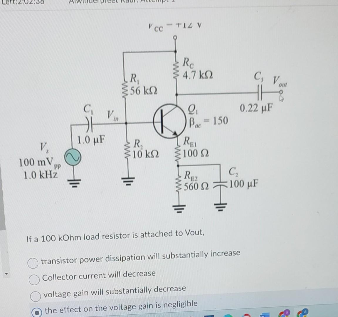 Solved If a 100kOhm load resistor is attached to Vout, | Chegg.com